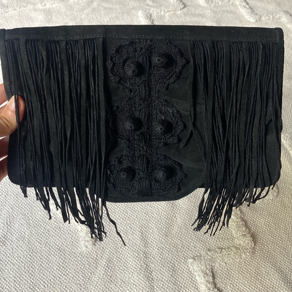 Embroidered Suede Fringe Clutch